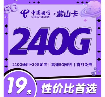 电信紫山卡19元240G+长期流量+首月免费